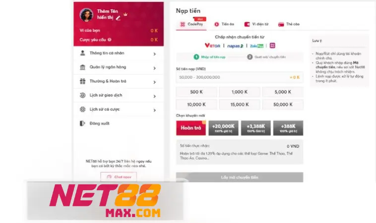 Gửi tiền Net88 mất phí không?