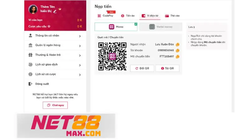 Nạp tiền Net88 bằng hình thức nào thành công sau 30s?